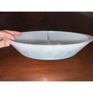 Vintage Glasbake Milk Glass Divided Casserole Dish Blue Thistle J2352